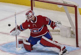 Carey Price of the Montreal Canadiens makes a blocker save against the Florida Panthers in the first period at the Bell Centre in Montreal on April 29, 2022. 