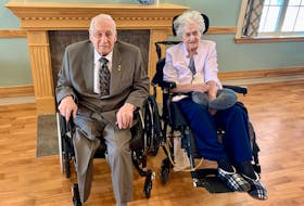 Sydney centenarian Ernie Buist, shown above with wife Jessie, is celebrating his 104th birthday some 78 years after doctors told him not to expect a long life after he lost a leg in the Second World on a battlefield in France. DAVID JALA/CAPE BRETON POST