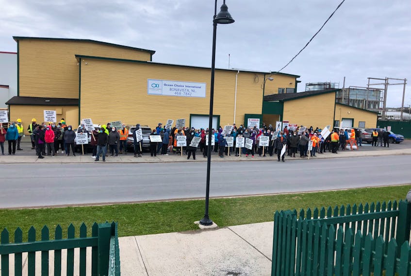 Workers at the Ocean Choice International plant in Bonavista held a protest on Saturday, May 14, and said if the provincial government approves more crab processing licences their livelihoods will be greatly affected.