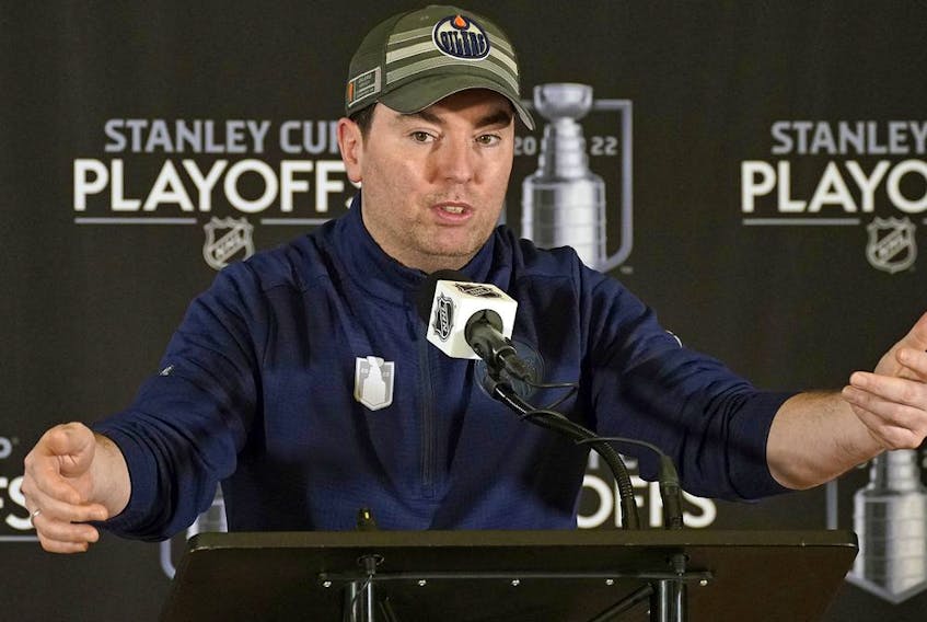Edmonton Oilers head coach Jay Woodcroft comments after team practise in Edmonton on Monday May 16, 2022 where the team was preparing for their Stanley Cup playoff series against the Calgary Flames which begins on Wednesday May 18, 2022 in Calgary.