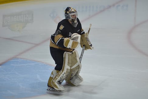 Charlottetown Islanders goaltender Franky Lapenna follows the play during a Quebec Major Junior Hockey League playoff game against the Acadie-Bathurst Titan at Eastlink Centre on May 15. Jason Simmonds • The Guardian