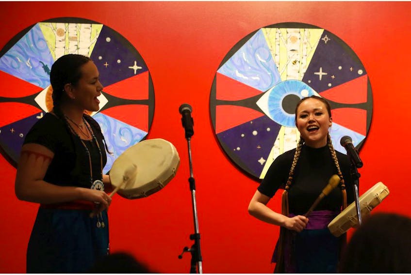  Drummers at the ceremony to unveil the artwork of Algonquin artist Emily Brascoupé-Hoefler called Heartbeat of Mother Earth, a permanent visual land acknowledgement and welcome from the Algonquin People to visitors of the National Arts Centre.