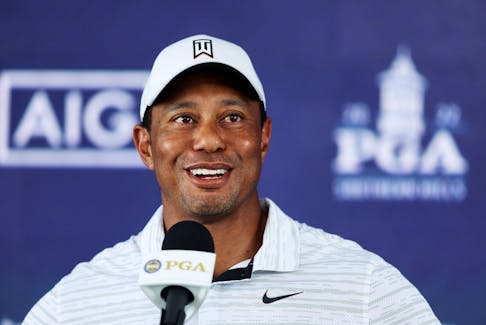 Tiger Woods speaks to media yesterdayt after a practice round prior for this week's PGA Championship at Southern Hills Country Club in Tulsa, Oklahoma. 