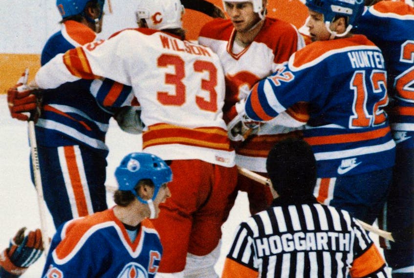  Edmonton Oilers captain Wayne Gretzky yells at referee Ron Hoggarth as the Calgary Flames and Oilers wage a battle during their 1986 playoff series.