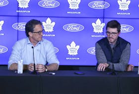 Brendan Shanahan and Kyle Dubas during the end of season press conference on Tuesday May 17, 2022.  