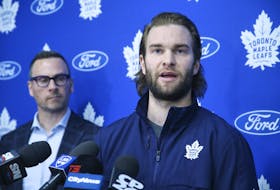 Jack Campbell speaks during the Leafs' end-of-season news conference.