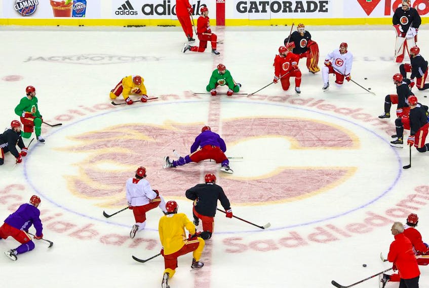 The Calgary Flames practise at the Scotiabank Saddledome in Calgary on Tuesday, May 17, 2022. 