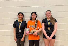 Under-19 Badminton P.E.I. girl's singles winners include second place Khadija Kubra, left, first place Jiahui Pan and consolation winner Ryanna Ryan.