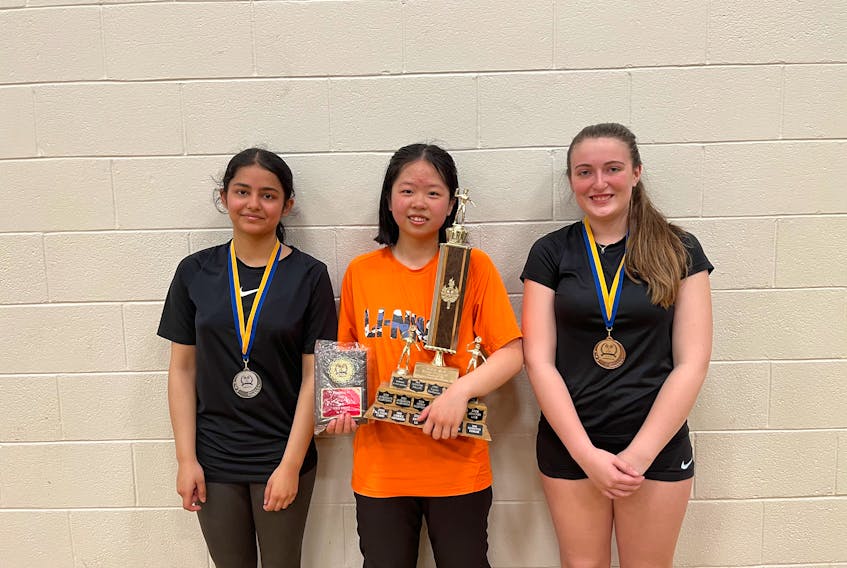 Under-19 Badminton P.E.I. girl's singles winners include second place Khadija Kubra, left, first place Jiahui Pan and consolation winner Ryanna Ryan.