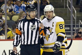 Apr 21, 2022; Pittsburgh, Pennsylvania, USA;  NHL referee Wes McCauley (4) talks with Pittsburgh Penguins center Sidney Crosby (87) prior to a face-off against the Boston Bruins during the first period at PPG Paints Arena. Mandatory Credit: Charles LeClaire-USA TODAY Sports  Pittsburgh Penguins centre Sidney Crosby (87) talks to NHL referee Wes McCauley prior to a face-off against the Boston Bruins during an April 21 game at PPG Paints Arena in Pittsburgh. - Charles LeClaire-USA TODAY Sports