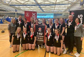 The Red Mudd captured the 2022 Volleyball Canada 14-under girls Tier 1 national championship in Halifax on May 15. Members of the team are, front row, from left, Isabelle Craig, Mava Gauthier, Lauryn Woodworth, Sonia Perry and Jadyn Huggin. Back row, from left, are Lauren Craig (manager) Brad Rodgers (assistant coach), Lia MacQuarrie, Ariah Pot, Rachel MacFadyen, Solen Trainor, Sarah Nicholson, Nya Sutton, Penny Olscamp, Philip Woodworth (head coach) and Melissa MacKinnon (assistant coach). Contributed