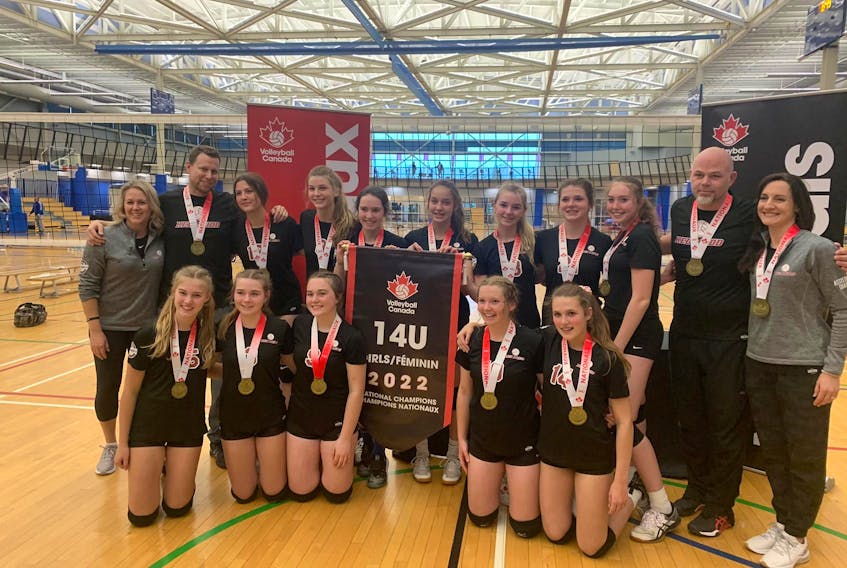 The Red Mudd captured the 2022 Volleyball Canada 14-under girls Tier 1 national championship in Halifax on May 15. Members of the team are, front row, from left, Isabelle Craig, Mava Gauthier, Lauryn Woodworth, Sonia Perry and Jadyn Huggin. Back row, from left, are Lauren Craig (manager) Brad Rodgers (assistant coach), Lia MacQuarrie, Ariah Pot, Rachel MacFadyen, Solen Trainor, Sarah Nicholson, Nya Sutton, Penny Olscamp, Philip Woodworth (head coach) and Melissa MacKinnon (assistant coach). Contributed