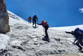 Byron Hiscock is accompanied by a crew including his sherpa and porter as they make their way up the Mera Peak in the Himalayas.