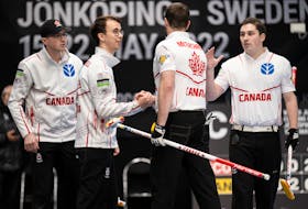Canada's Owen Purcell rink picked up a pair of wins at the world junior curling championships in Jonkoping, Sweden, on Thursday. From left are  third Joel Krats, Purcell, second Adam McEachren and lead Scott Weagle. - Cheyenne Boone/WCF