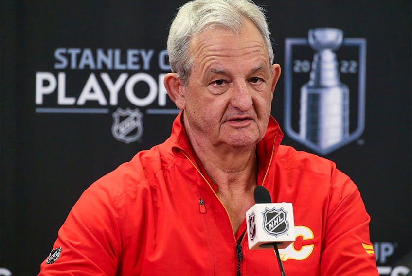 Calgary Flames head coach Darryl Sutter talks with media on Wednesday, May 4, 2022 