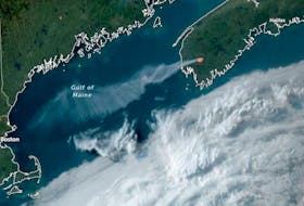 Satellite imagery captured wildfire smoke from southwestern N.S. drifting over the Gulf of Maine toward Boston. -CONTRIBUTED/zoom.earth