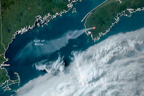 Satellite imagery captured wildfire smoke from southwestern N.S. drifting over the Gulf of Maine toward Boston. -CONTRIBUTED/zoom.earth