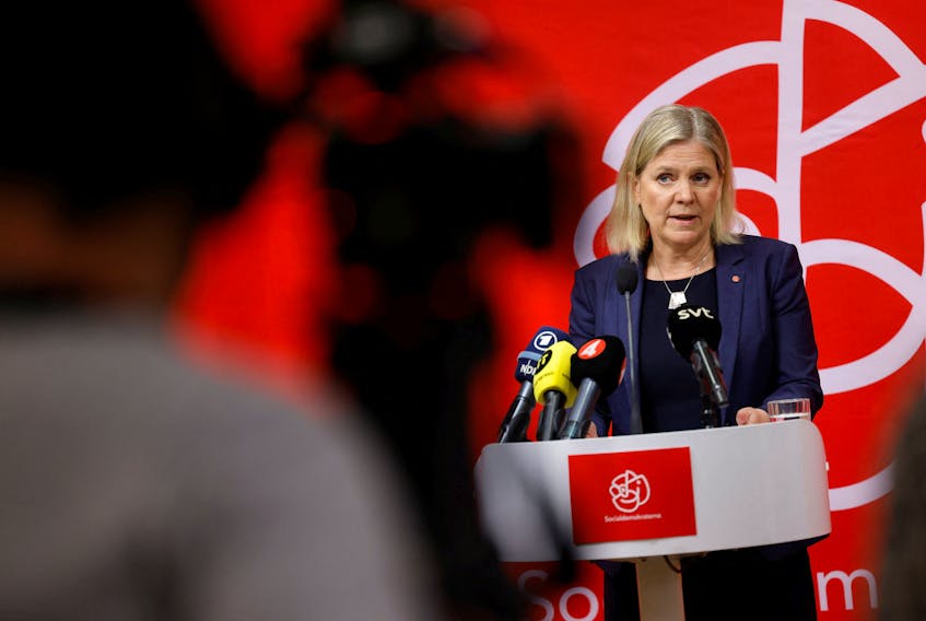 Sweden's Prime Minister Magdalena Andersson holds a news conference following a meeting at the ruling Social Democrats' headquarters on the party's decision on NATO membership, in Stockholm, Sweden, May 15, 2022. TT News Agency/Fredrik Persson via REUTERS      ATTENTION EDITORS - THIS IMAGE WAS PROVIDED BY A THIRD PARTY. SWEDEN OUT. NO COMMERCIAL OR EDITORIAL SALES IN SWEDEN.  Sweden's Prime Minister Magdalena Andersson holds a news conference following a meeting at the ruling Social Democrats' headquarters on the party's decision to seek NATO membership, in Stockholm, Sweden on Sunday. TT News Agency/Fredrik Persson via REUTERS