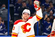 Flames forward Blake Coleman acknowledges the crowd as he returns to Amalie Arena on the opposing team for the first time to face the Lightning on Thursday night in Tampa.