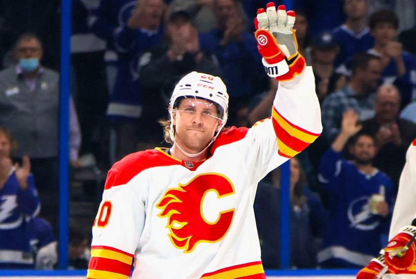  Flames forward Blake Coleman acknowledges the crowd as he returns to Amalie Arena on the opposing team for the first time to face the Lightning on Thursday night in Tampa.