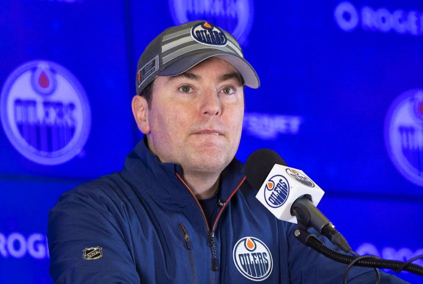 Edmonton Oilers head coach Jay Woodcroft talks to the media after practice on Monday, April 11, 2022 in Edmonton.    