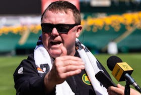 General manager/head coach Chris Jones speaks with media on the first day of Edmonton Elks training camp at Commonwealth Stadium in Edmonton on Sunday, May 15, 2022.
