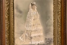 Anna Swan in the wedding dress provided to her by Queen Victoria. 