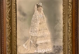 Anna Swan in the wedding dress provided to her by Queen Victoria. 