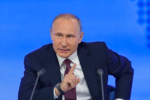 MOSCOW, RUSSIA - DEC 23, 2016: The President of the Russian Federation Vladimir Vladimirovich Putin with eyes closed at the annual press conference in Center of international trade  Under Vladimir Putin’s leadership, the Kremlin has aspired to cast Russia as a revitalized great power. — RF Stock photo
