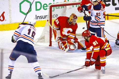 Edmonton Oilers Zach Hyman scores on Calgary Flames goalie Jacob Markstrom in second period action during Round two of the Western Conference finals at the Scotiabank Saddledome in Calgary on Wednesday, May 18, 2022. 