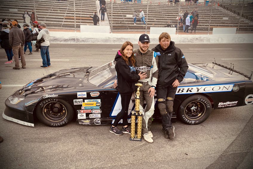 Nicholas Naugle, centre, poses with his parents Connie Tessier and Brian Naugle after finishing second at the Cummins 150 at Scotia Speedworld  last season. The Naugle family is excited to open the East Coast International Pro Stock Tour on Saturday at Scotia Speedworld.  – Wingnut Promotions