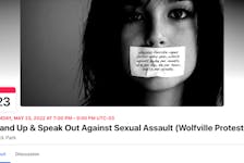 The Facebook event page for the Stand Up & Speak Out Against Sexual Assault protest, planned for Clock Park in Wolfville on May 23 from 7 to 9 p.m.