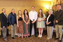 The Truro & Colchester Chamber of Commerce hosted a "Mayors & Chief's Breakfast" at the Inn on Prince on May 19. From left to right: Millbrook First Nation Chief Bob Gloade, Town of Truro Mayor Bill Mills, CEC students Leah Maclean and Hadley Bent, South Colchester Academy students Tristan Burton and Josie Creelman, Municipality of Colchester Mayor Christine Blair, Town of Stewiacke Mayor George Lloy.