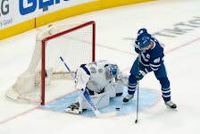 Toronto Maple Leafs’ John Tavares (91) looks for a rebound in front of Tampa Bay Lightning goaltender Andrei Vasilevskiy during 2022 Stanley Cup Playoff action.   