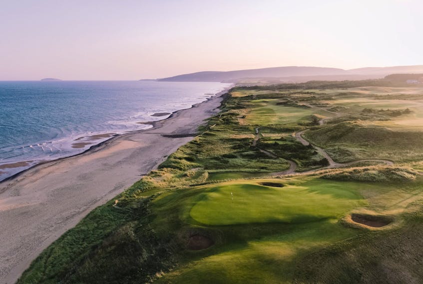 A Links to the past. The original of the two layouts at Cabot Cape Breton is a classic links design, a throwback to the Scottish roots of the game. Here a pair of holes hug Inverness beach with a view of Margaree Island in the distance. Jacob Sjöman photo