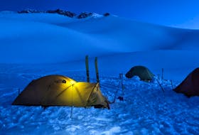  Researchers camp on the Kokanee Glacier in the first week of May 2021 to conduct mass balance measurements, Photo credit: Ben Pelto.