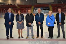 Gathering for an on-ice photo following the rink revitalization grant money announcement at the RECC were: MLA Dave Ritcey (left), regional manager of communities, sport, and recreation Natasha Gray;, RECC board chair Raj Makkar; Town of Truro Coun. Jim Flemming; Colchester County Mayor Christine Blair and RECC general manager Matt Moore.