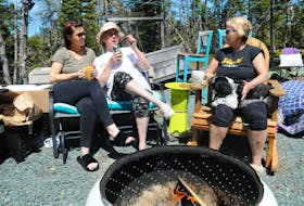 St. John’s residents and campsite neighbours (from left) Rachel Hoyles, Freda Chaulk and Liz Jackson (Rachel’s mom), with her dog Georgia, enjoy an afternoon beverage break and chat at Rachel and Liz’s site at the Gushue’s Pond Park campground in Brigus Junction on Saturday afternoon, May 21. Joe Gibbons • The Telegram