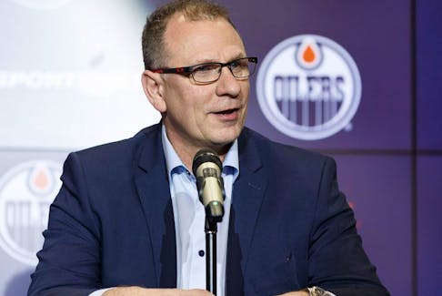 Edmonton Oilers Interim General Manager Keith Gretzky speaks during a media conference at Rogers Place in Edmonton, on Monday, April 8, 2019. 
