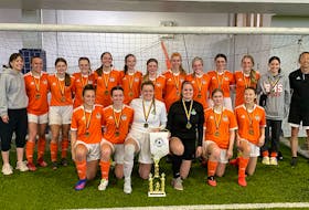 Cape Breton FC captured the Sheila and Stephenie Allt Memorial Soccer Tournament with a 2-1 win over Halifax County United on Monday. Members of the team are shown with the championship banner. Front row, from left, Erica Boone, Catie Chiasson, Chloe Parsons, Katelyn Depodesta, Addison Matthews, and Keira Fuller. Back row, from left, Chelsea Currie (head coach), Cate Burke, Caelan Binder, Ashlyn Tierney, Elle McDougall, Ayanna MacNeil, Eve Somers, Faith Pelley, Maggie Wilson, Julia MacKinnon, Julia Mombourquette, Ella Binder, and Everett Fuller (assistant coach). Missing from the photo were Kylie Jessome, Sadie Parnaby, Gracey Smith, Frankie Chislett, and Michelle Depodesta (manager). PHOTO CONTRIBUTED/SOCCER CAPE BRETON.