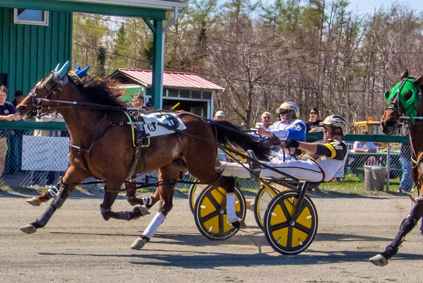 Don’t Tell Kim, No. 3, and Ardon Mofford, hold off a challenge from Indywheelbarrow, No. 4, and Kevin Bailey, for one of four wins on the day for Mofford on Saturday at Northside Downs. CONTRIBUTED