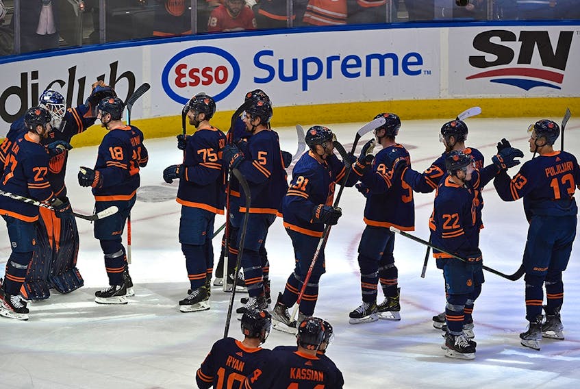 Edmonton Oilers celebrate their win defeating the Calgary Flames 5-3 during NHL playoff action at Rogers Place in Edmonton, May 24, 2022. 