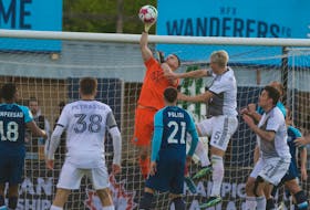 HFX Wanderers FC goalie goalkeeper Christian Oxner punches away a Toronto FC shot during the second half of the Canadian Cup quarterfinal at the Wanderers Grounds on Tuesday, May 24, 2022. Toronto FC scored a late goal to win 2-1. 
Ryan Taplin - The Chronicle Herald