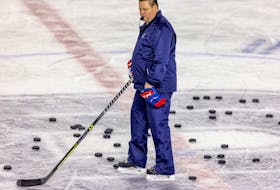Laval Rocket head coach Jean-François Houle during practice at the Place Bell Sports Complex in Laval on May 11, 2022.