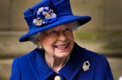 Queen Elizabeth II smiles as she leaves after attending a Service of Thanksgiving to mark the Centenary of the Royal British Legion at Westminster Abbey in London, Oct. 12, 2021. — Frank Augstein file photo