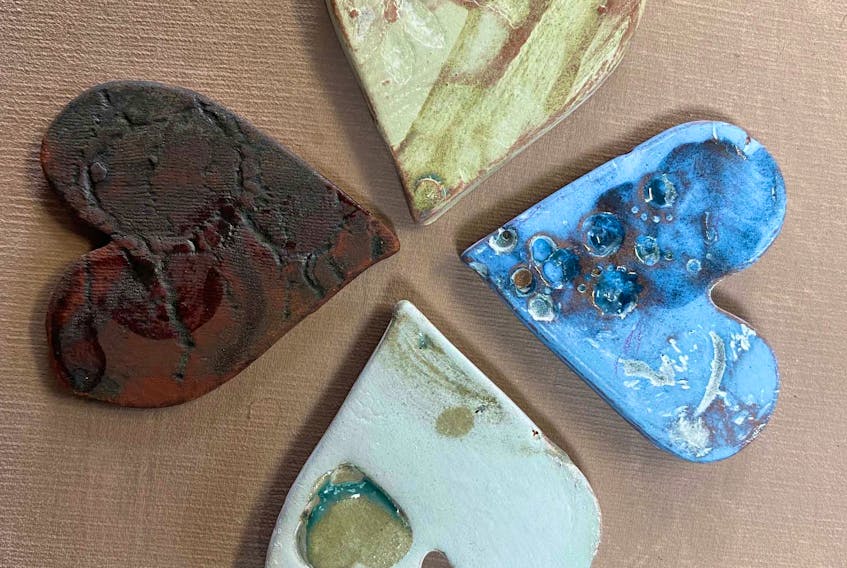 A closer look at the ceramic hearts created by the two artists that will be featured at the Tearmann Celebration of Art on Oct. 16.