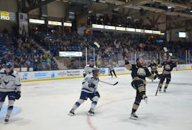 Charlottetown Islanders forward Drew Elliott celebrates his first-period goal against the Sherbrooke Phoenix at Eastlink Centre on May 25. The Islanders defeated the Phoenix 7-2 in the opening game of the best-of-five Quebec Major Junior Hockey League semifinal series. Jason Simmonds • The Guardian
