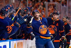 Edmonton Oilers forward Evander Kane celebrates a goal against the Calgary Flames during Game 4 on Tuesday night.