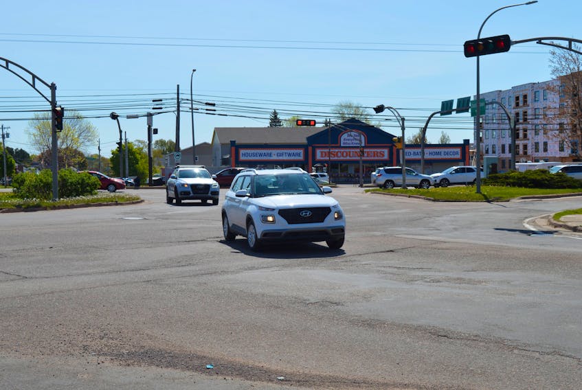 Traffic in the Belvedere Avenue-Brackley Point Road-St. Peters Road intersection, pictured here on May 26, will be moving through a roundabout later this year. City council’s public works committee recommended at its monthly meeting on May 25 that Island Coastal be awarded the bid in the amount of $5,754,393. That’s about 25 per cent more than the city had budgeted for the project. Scott Adams, public works manager, said the cost overruns are due to factors such as rising fuel prices and supplies. Coun. Terry MacLeod, chair of the public works committee, said the city will be applying for $1.5 million from the federal government’s gas tax fund to put towards the cost of the project. The finance committee and council have to approve the tender. The project is slated to start this summer. Dave Stewart • The Guardian