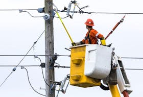 A Hydro Ottawa Hydro lineman finishes up repairs to a power line on Croydon Avenue in the city's west end on Thursday.